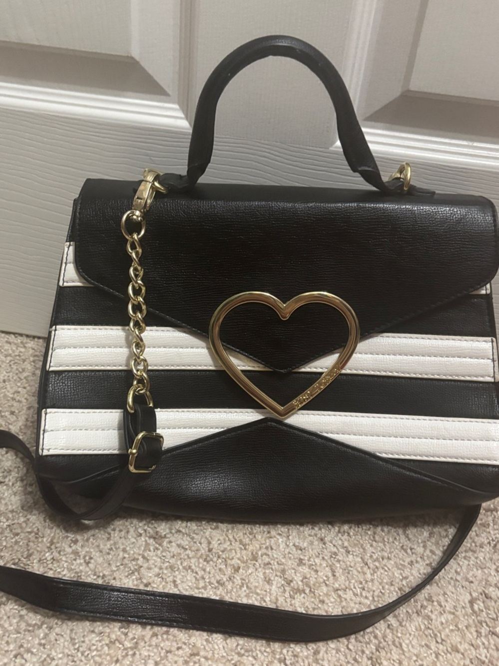 Betsey Johnson Black & White Heart Accent Top-Handle Crossbody Bag